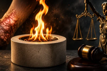 Concrete tabletop fire pit with flames beside a burn injury, gavel, and Lady Justice statue.