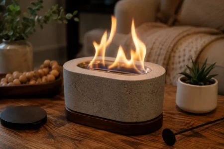 AUVANNA-style concrete tabletop fire pit with an open flame on a wooden table in a softly lit living room.