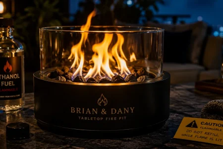BRIAN & DANY Tabletop fire pit next to ethanol fuel