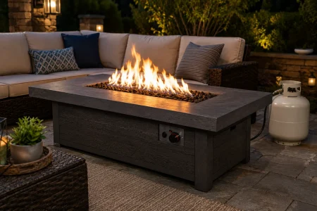 Propane fire pit table burning beside cushioned patio seating and a connected propane tank at dusk.