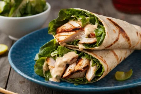 Chicken Caesar Salad Wrap on Blue Plate