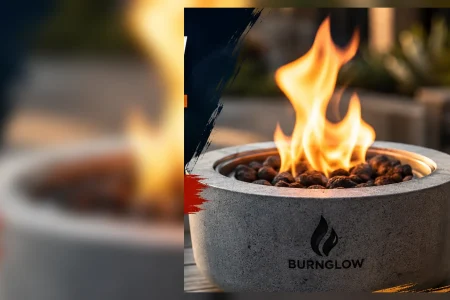 Burnglow tabletop fire pit with an open flame displayed on a patio table.