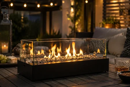 Rectangular glass-enclosed COAOOIX-style tabletop fire pit burning on an outdoor patio table at night.