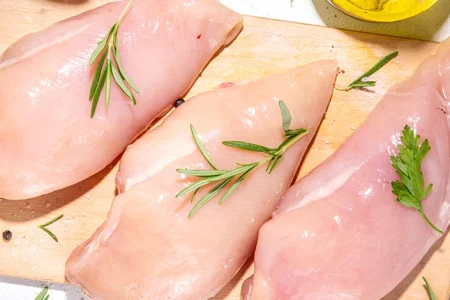 A top view of raw chicken breasts