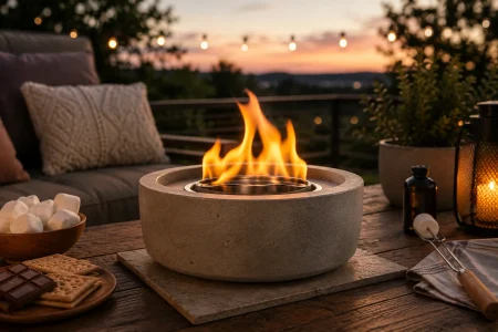 Ciekope-style concrete tabletop fire pit with an open flame, marshmallows, and s’mores supplies on a patio at sunset.