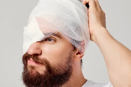 A person with a severe eye and head injury