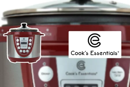 A close up shot Cook’s Essentials Pressure Cooker and its logo