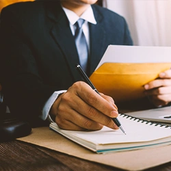 A lawyer holding paperwork while writing on a notebook