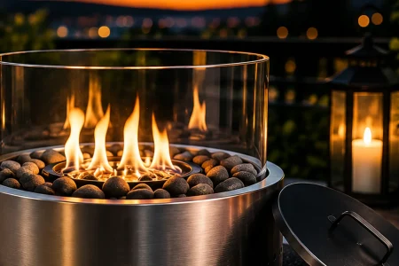DYCYRQ-style tabletop fire pit with an open flame and glass enclosure displayed on an outdoor patio at sunset.