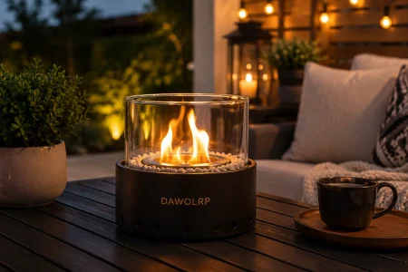 Dawolrp tabletop fire pit with a glass enclosure and open flame displayed on an outdoor patio table at dusk.