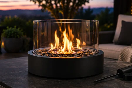 Double T Concept-style bioethanol tabletop fire pit with a glass enclosure and open flame on a patio at sunset.