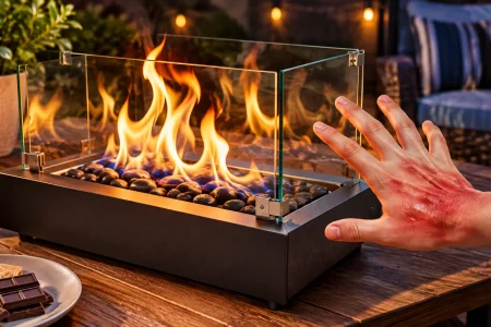 Glass-enclosed East Flame-style tabletop fire pit burning beside a spilled fuel bottle, with a burn injury shown in an inset.