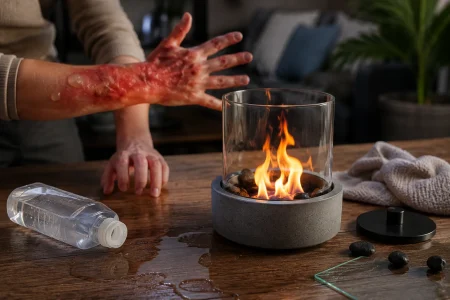 FLIKRFIRE-style tabletop fireplace burning beside a spilled fuel bottle, with a severe burn injury visible on a person’s hand and forearm.