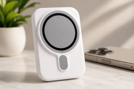 White Flaunt-style MagSafe battery charger displayed on a light countertop beside a smartphone.