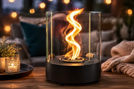 Glanzfeuer-style tabletop fire pit with a spiral flame and glass wind guard displayed on a cozy patio table at dusk.
