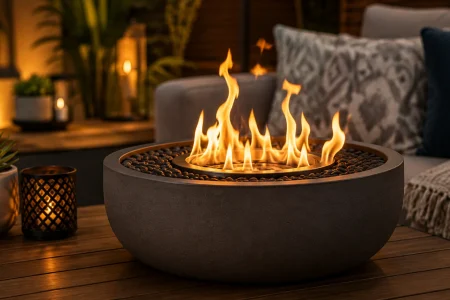 flaming fire pit on outdoor patio