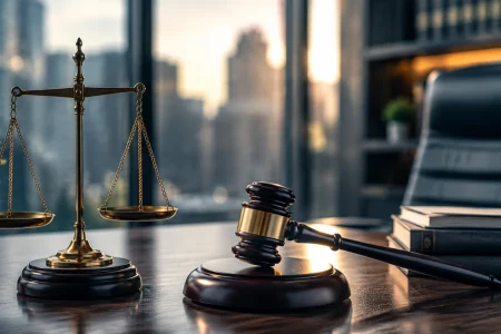 Gavel and brass balance scale on a law office desk with a softly blurred city skyline in the background.