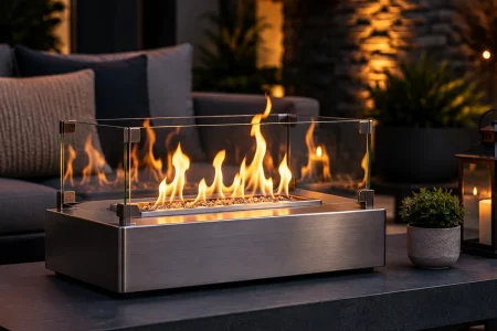 HOMCOM-style tabletop ethanol fireplace with a glass wind guard burning on a modern outdoor patio at dusk.