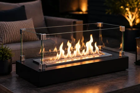 HOTEBIKE-style bioethanol tabletop fireplace with glass panels and open flames displayed on a modern patio table at night.