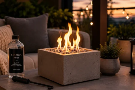 Houswise-style square concrete tabletop fire pit burning beside an ethanol fuel bottle on a modern outdoor terrace at dusk.