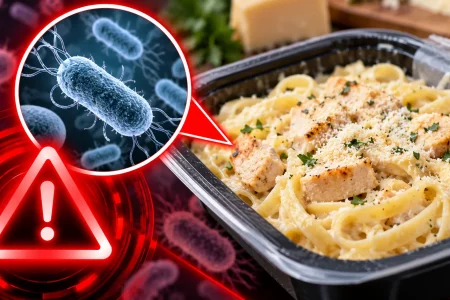 Home Chef chicken fettuccine Alfredo meal beside a magnified bacteria inset and red hazard graphic illustrating the potential Listeria contamination risk.