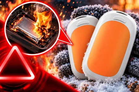 White-and-orange HotHands rechargeable hand warmers beside a magnified burning lithium-ion battery inset and red hazard graphic illustrating the fire and burn risk.