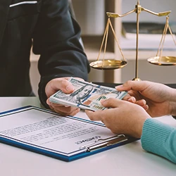 A lawyer passing money to a client