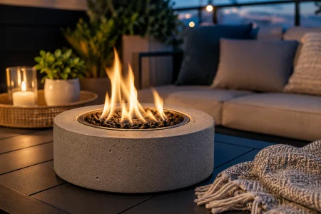 IKER-style concrete tabletop fire pit with an open flame displayed on a modern patio table at dusk.