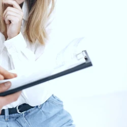 A doctor in a surgery room holding a clipboard