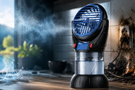 IcyBreeze Buddy misting fan on a counter beside water spray and a scorched electrical outlet.