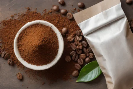 A top view of scattered Imperia Elita Vitaccino Coffee powder and a pouch