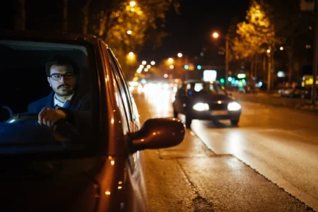 A man in his car checking the car behind