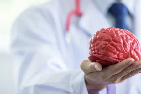 A doctor holding a brain model
