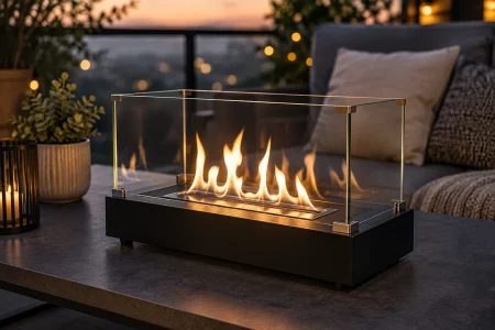 glowing fire pit on patio