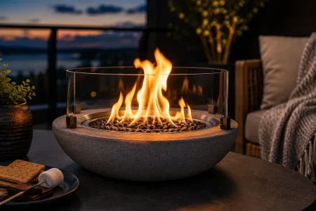 fire pit and s'mores on backyard patio