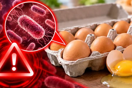 Kenz Henz pasture-raised eggs beside a magnified Salmonella bacteria inset and red hazard graphic illustrating the potential contamination risk.