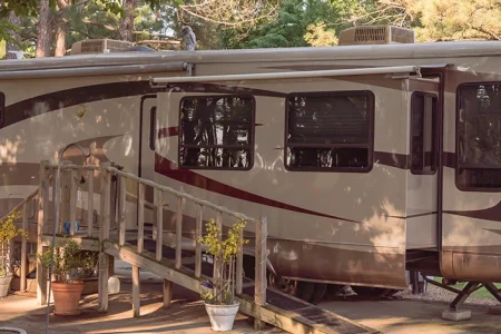 RV trailer in the middle of a camping site