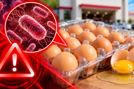 Kirkland Signature organic pasture-raised eggs in a clear carton beside a magnified Salmonella bacteria inset and red hazard graphic illustrating the contamination risk.