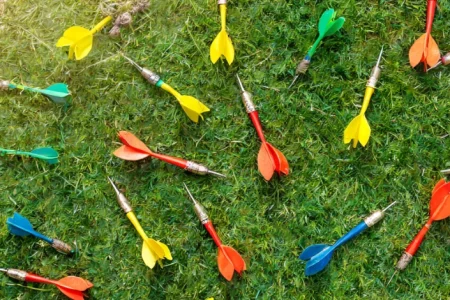 A top view of scattered Lawn Darts