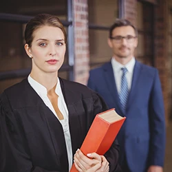An image of a lawyer with a businessman behind