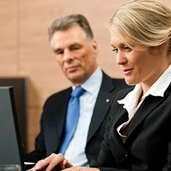 An image of a lawyer and a client looking at a laptop