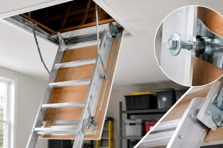 Lite & Century attic stairway ladder extended from a ceiling opening with close-up views of the spreader bolt and support hardware.