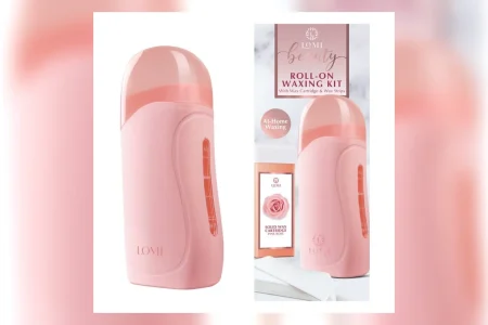 Pink Lomi Roll-On Waxing Kit warmer and product packaging displayed against a soft pink background.