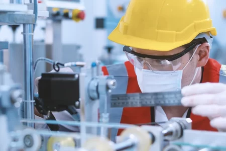 A worker measuring at the factory