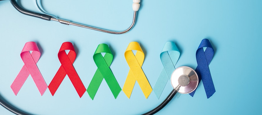 6 ribbons with different colors and a stethoscope