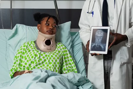 Woman in hospital bed with neck brace