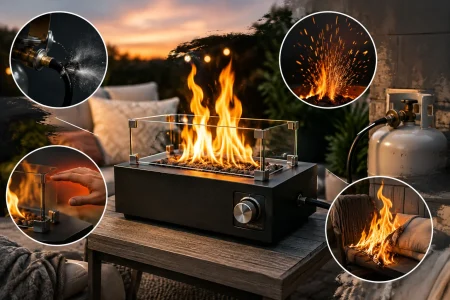 ONLYFIRE OUTDOOR LIVING-style propane tabletop fire pit with a glass wind guard, shown with callouts highlighting a leaking hose connection, hot glass, sparks, and nearby fabric catching fire.