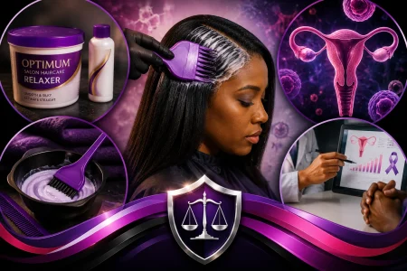 Black woman with straightened hair beside hair relaxer products, a uterine cancer illustration, and a distressed patient representing potential health risks linked to chemical hair relaxers.
