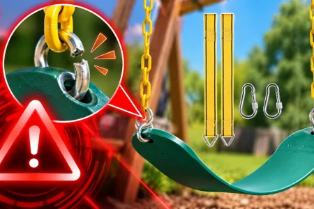 PACEARTH swing seat with yellow chains and attachment hardware beside magnified views of a broken connector, frayed strap, and cracked seat illustrating the fall hazard.