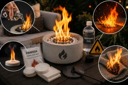 Pangda ceramic-wool fire pit wicks beside a burning tabletop bioethanol fire pit, with callouts showing refueling, flare-up, and spreading-fire hazards.
